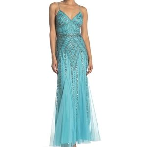 Marina Spaghetti Strap Sequin Gown with Godets